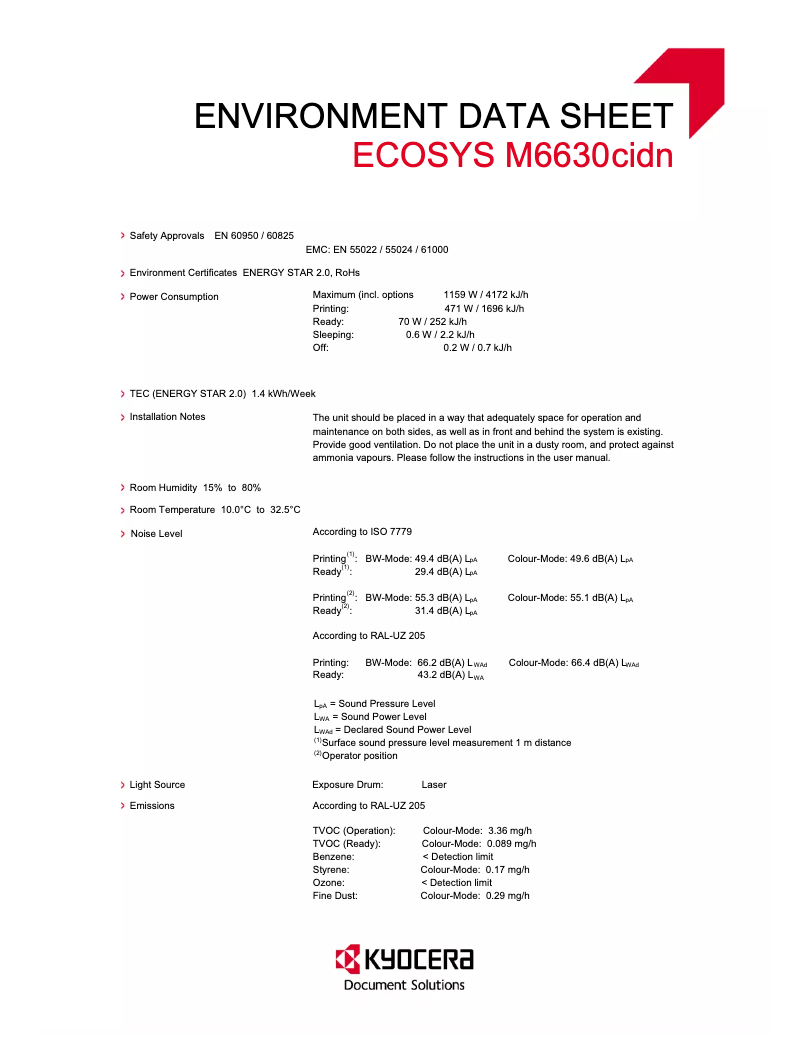 Page 1 de la notice Fiche technique Kyocera ECOSYS M6630cidn