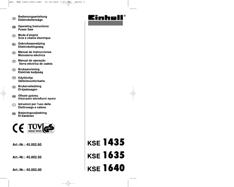 Page n°1 - Manuel utilisateur Einhell KSE 1640