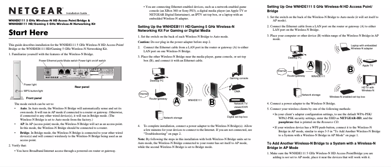 Page 1 de la notice Guide d'installation Netgear WNHDE111