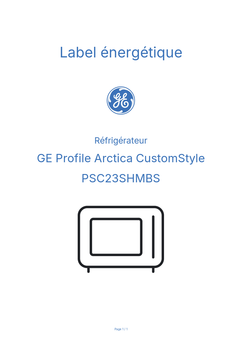 Page n°1 - Label énergétique GE Profile Arctica CustomStyle PSC23SHMBS
