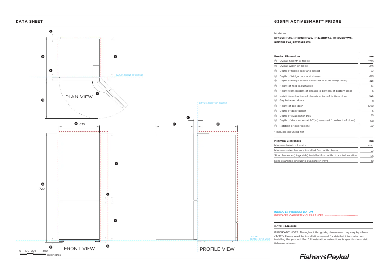 Page 1 de la notice Fiche technique Fisher & Paykel RF402BRPX7