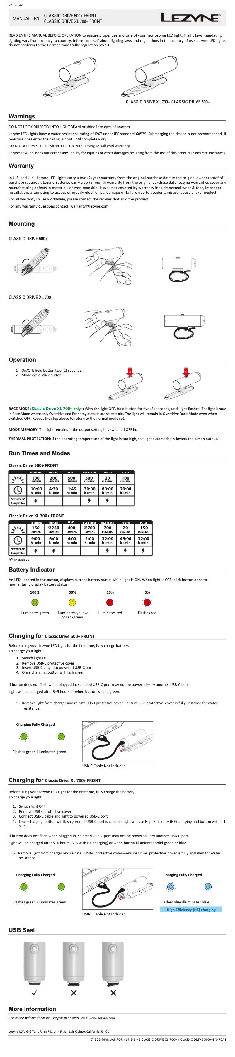 Página 1 del manual Manual de usuario Lezyne Classic Drive 500+ Front