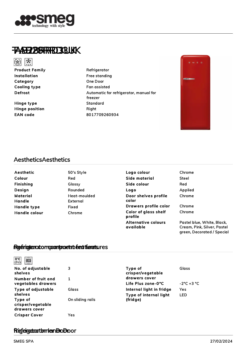 Page 1 de la notice Fiche technique Smeg FAB28RRD3UK