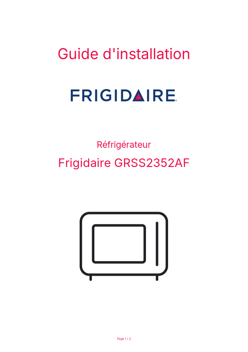 Page n°1 - Guide d'installation Frigidaire GRSS2352AF