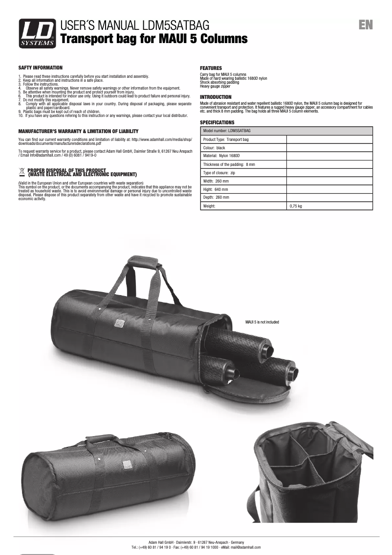 Page n°1 - Manuel utilisateur LD Systems MAUI 5 SAT BAG