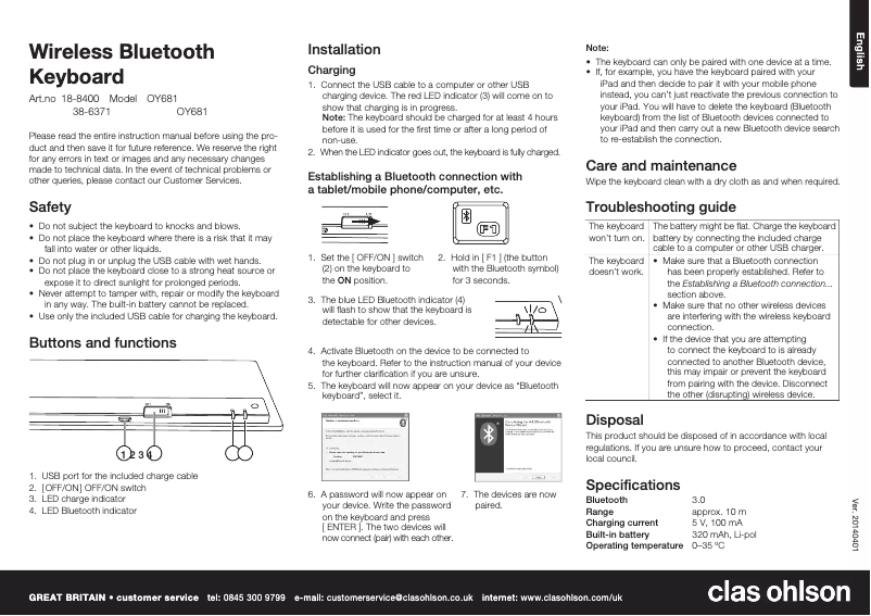 Page 1 de la notice Manuel utilisateur Clas Ohlson OY681