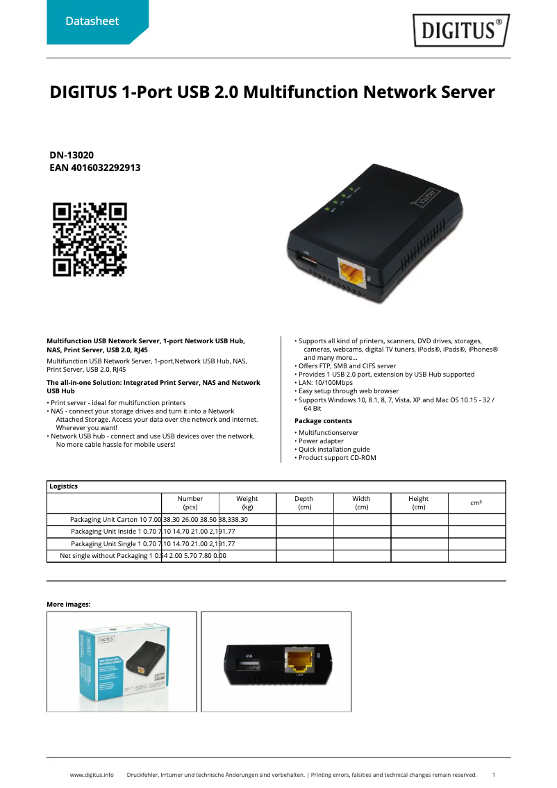 Page 1 de la notice Fiche technique Digitus DN-13020