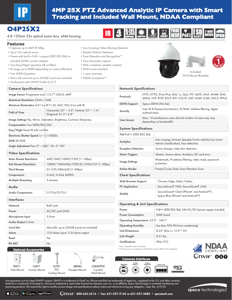 Página 1 del manual Ficha técnica Speco Technologies O4P25X2