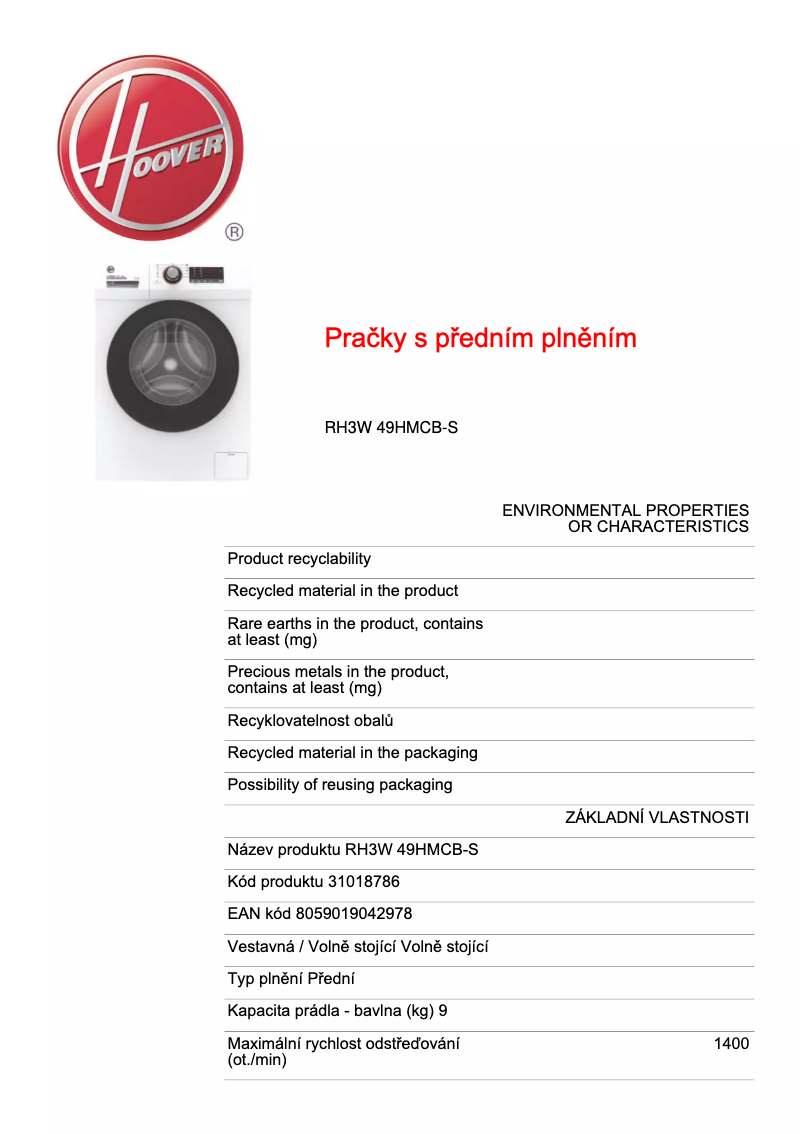 Page 1 de la notice Fiche technique Hoover H-WASH 300 PLUS RH3W 49HMCB-S