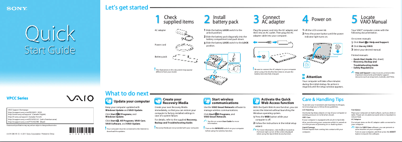 Page 1 de la notice Guide d'installation Sony Vaio VPCCB47