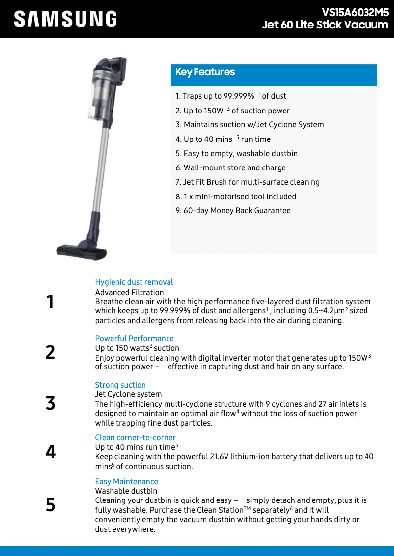Page 1 de la notice Fiche technique Samsung VS15A6032M5