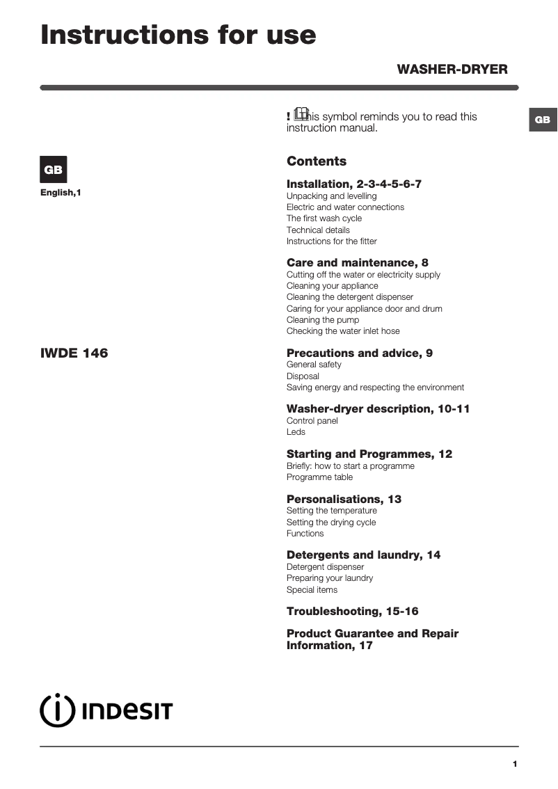 Page 1 de la notice Mode d'emploi Indesit IWDE 146 UK