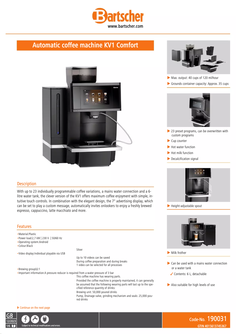 Page n°1 - Fiche technique Bartscher KV1 Comfort