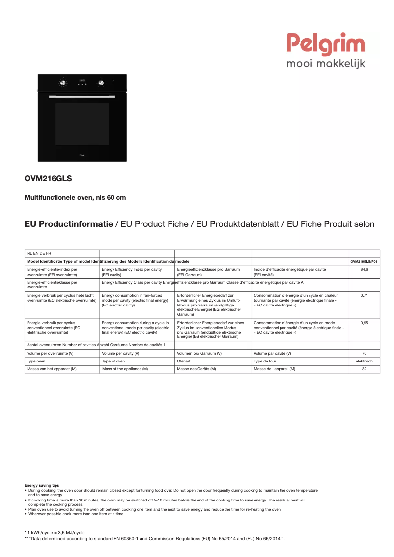 Page 1 de la notice Fiche technique Pelgrim OVM216GLS