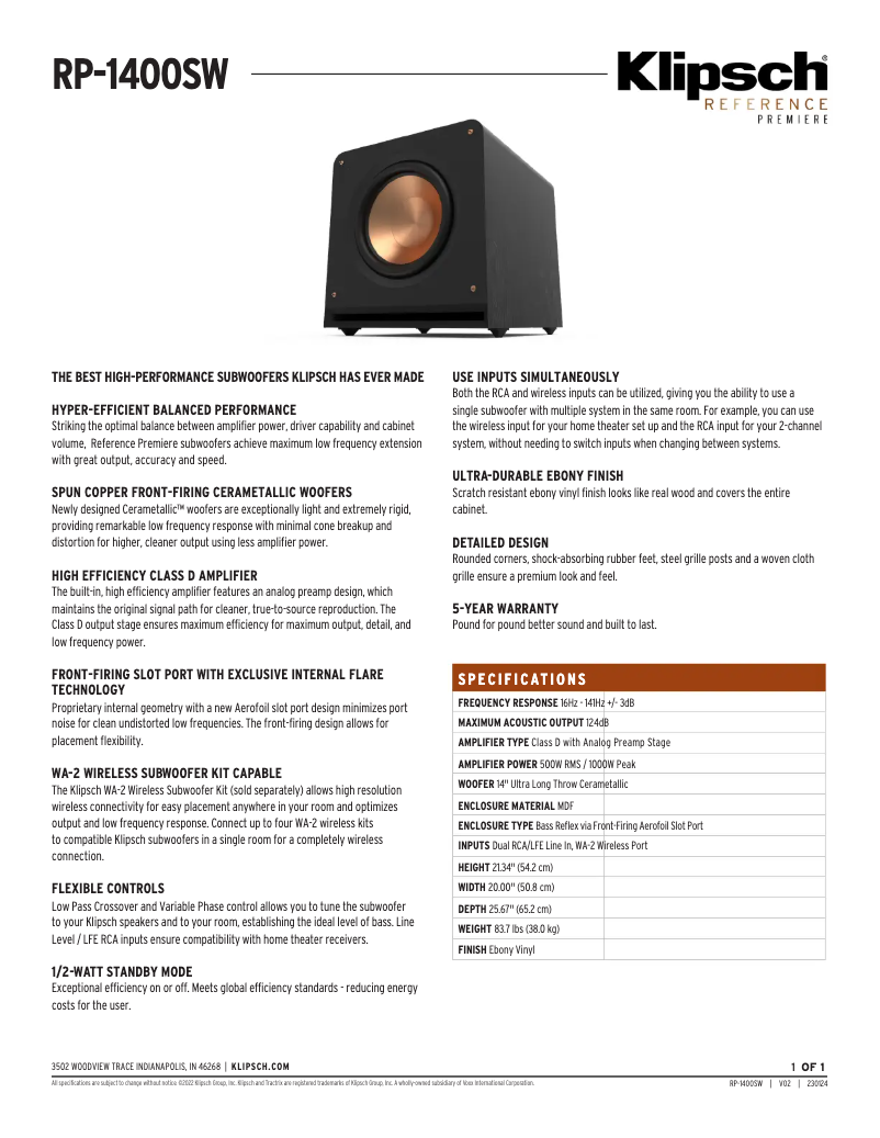 Page n°1 - Fiche technique Klipsch Reference Premiere RP-1400SW