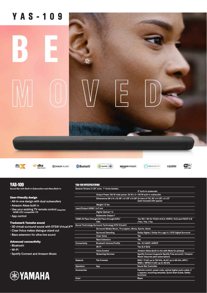 Page 1 de la notice Fiche technique Yamaha YAS-109