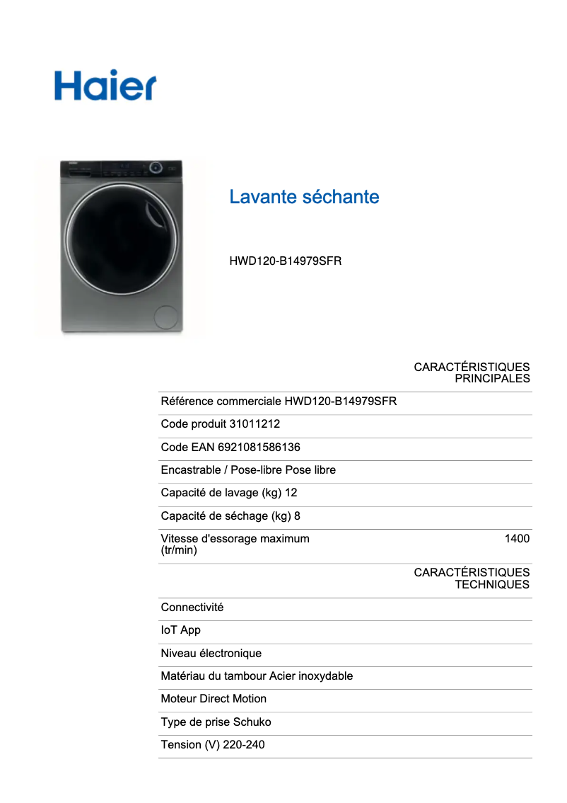 Page 1 de la notice Label énergétique Haier I-Pro Series 7 HWD120-B14979S