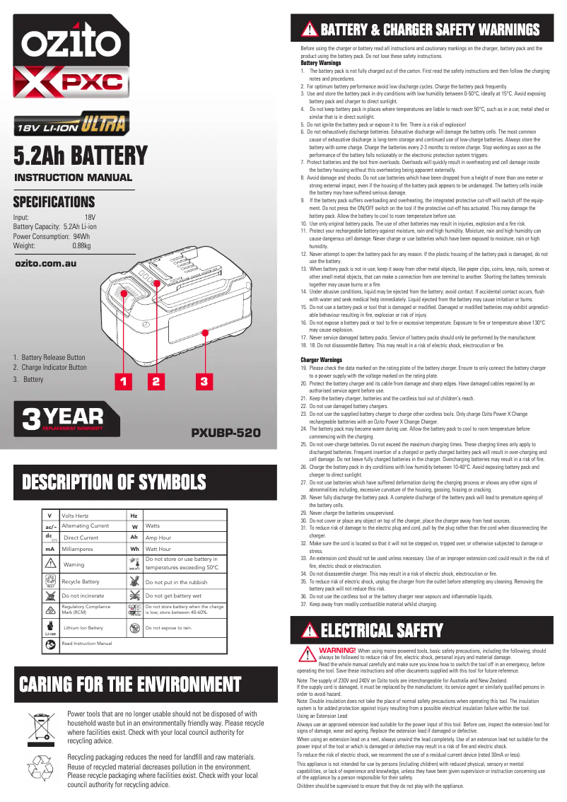 Page 1 de la notice Manuel utilisateur Ozito PXBC-520