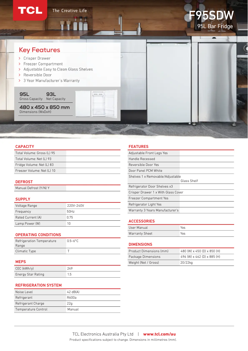 Page n°1 - Fiche technique TCL F95SDW
