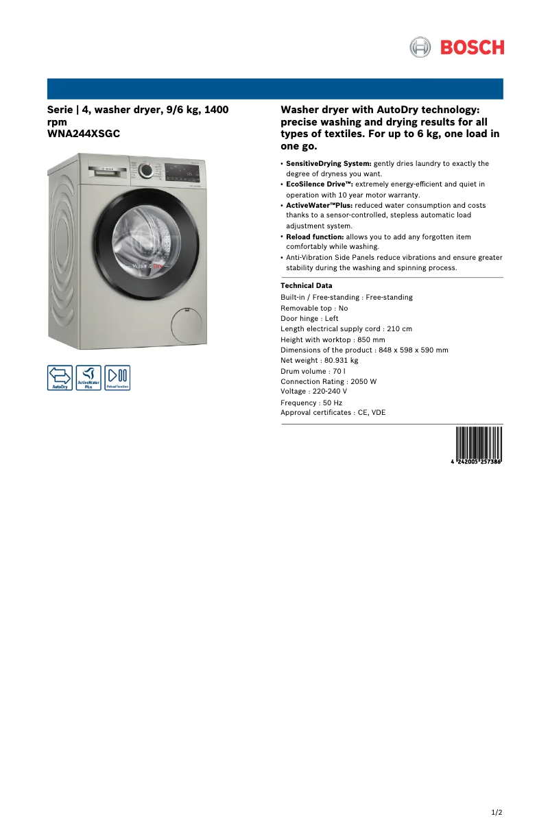 Page 1 of the manual Technical Sheet Bosch WNA244XSGC