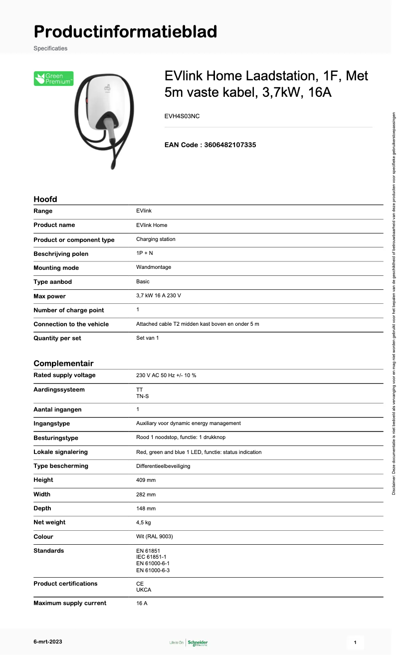 Page 1 de la notice Fiche technique Schneider EVH4S03NC