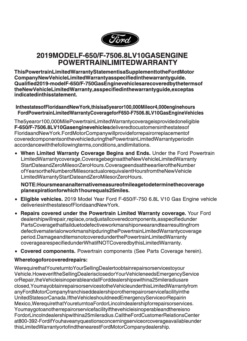 Page n°1 - Informations de garantie Ford F-650 (2019)