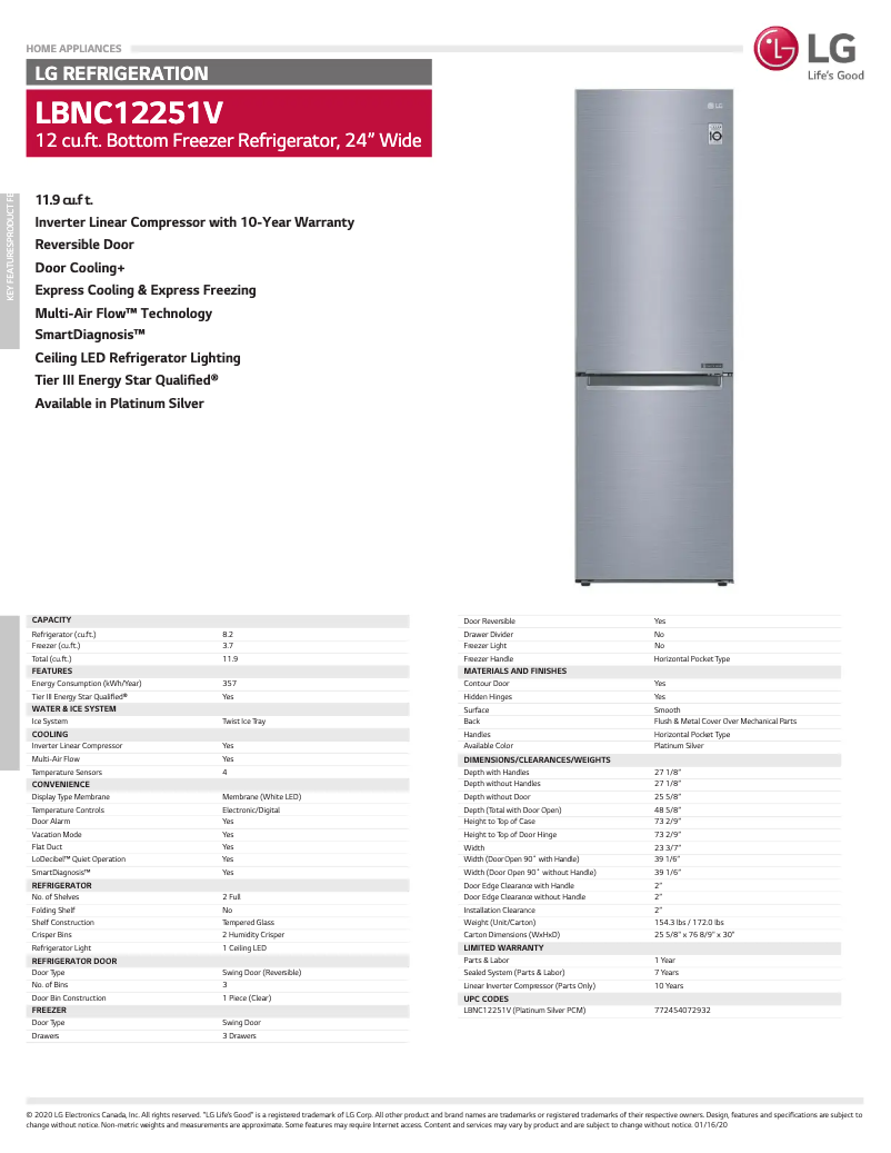 Página 1 del manual Ficha técnica LG LBNC12251V