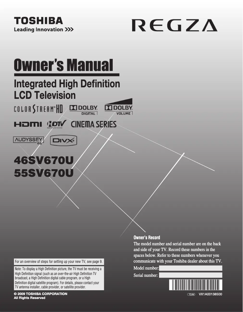 Page n°1 - Manuel utilisateur Toshiba REGZA 46SV670U