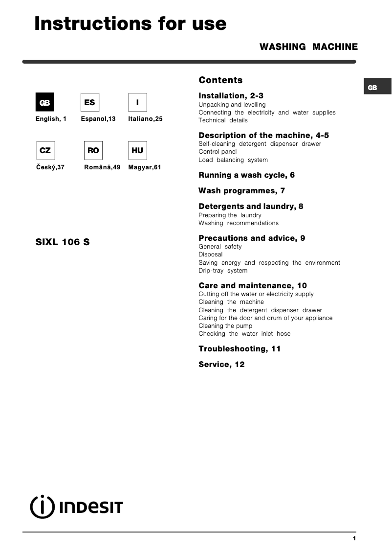 Page 1 de la notice Manuel utilisateur Indesit SIXL 106 S (EU)