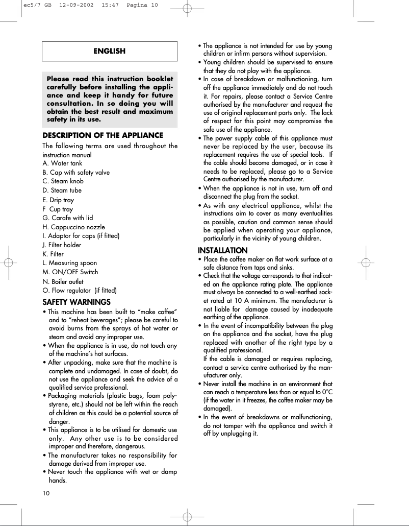Page 1 de la notice Manuel utilisateur DeLonghi EC 6