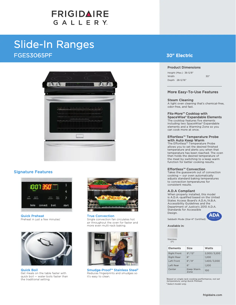 Page 1 de la notice Fiche technique Frigidaire FGES3065PF