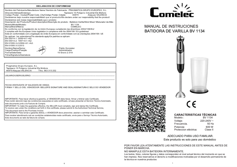 Página 1 del manual Manual de usuario Comelec BV 1134