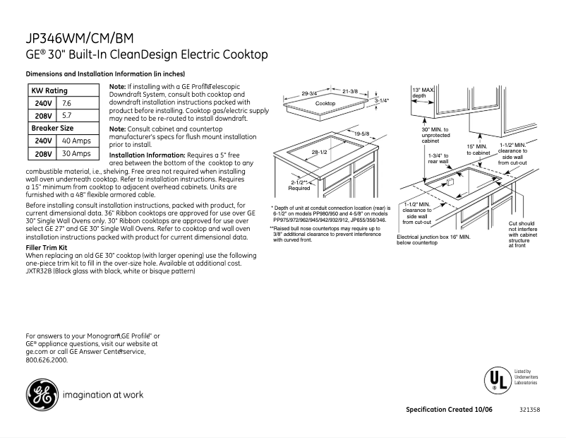 Page 1 de la notice Fiche technique GE JP346WMWW