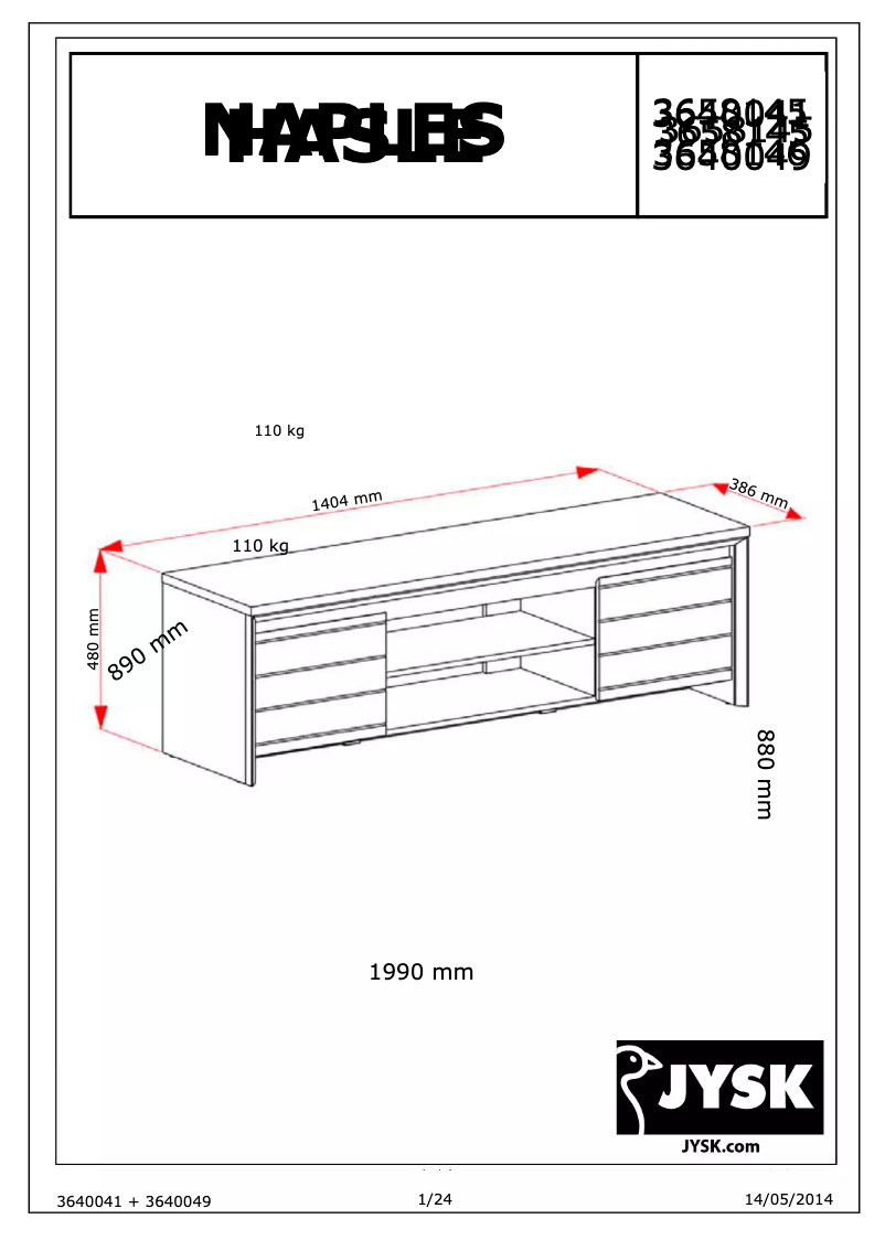 Page n°1 - Manuel utilisateur JYSK Hasle (140x39x48)