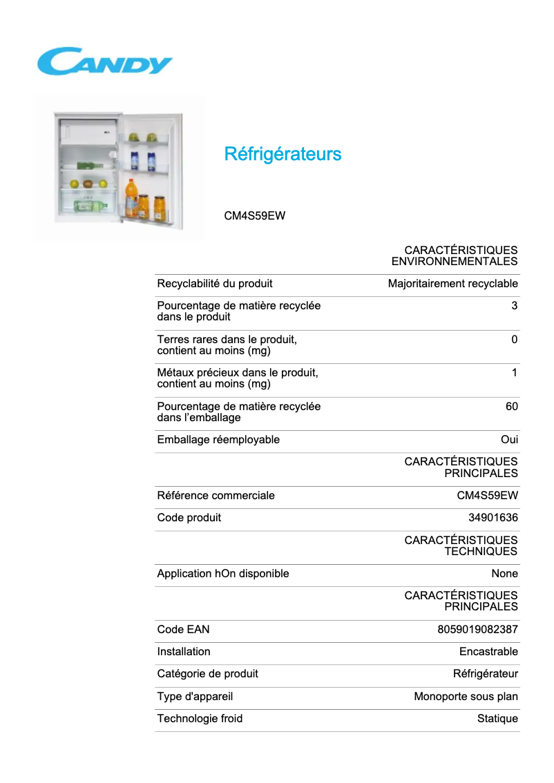 Page 1 de la notice Fiche technique Candy CM4S59EW