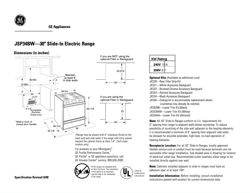 Page 1 de la notice Fiche technique GE JSP34BWBB