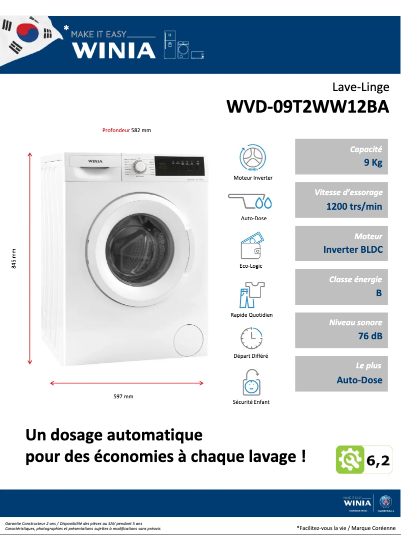 Page 1 de la notice Fiche technique Winia WVD-09T2WW12BA