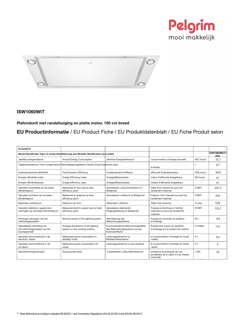 Page 1 de la notice Fiche technique Pelgrim ISW1060WIT