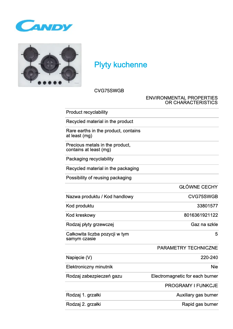 Page 1 of the manual Technical Sheet Candy CVG75SWGB