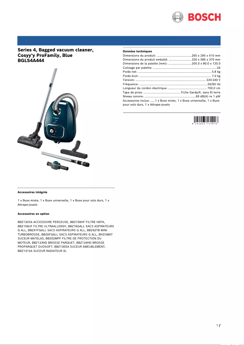 Page 1 de la notice Fiche technique Bosch BGLS4A444