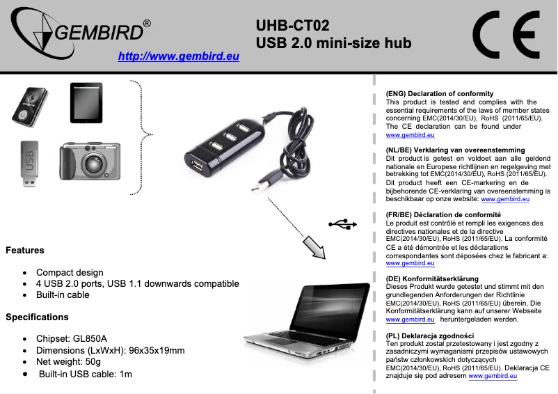 Page 1 de la notice Manuel utilisateur Gembird UHB-CT02