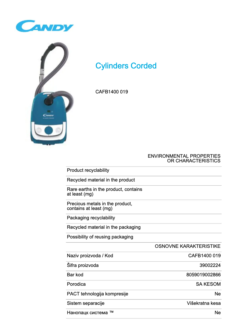 Page 1 de la notice Fiche technique Candy CAFB1400 019