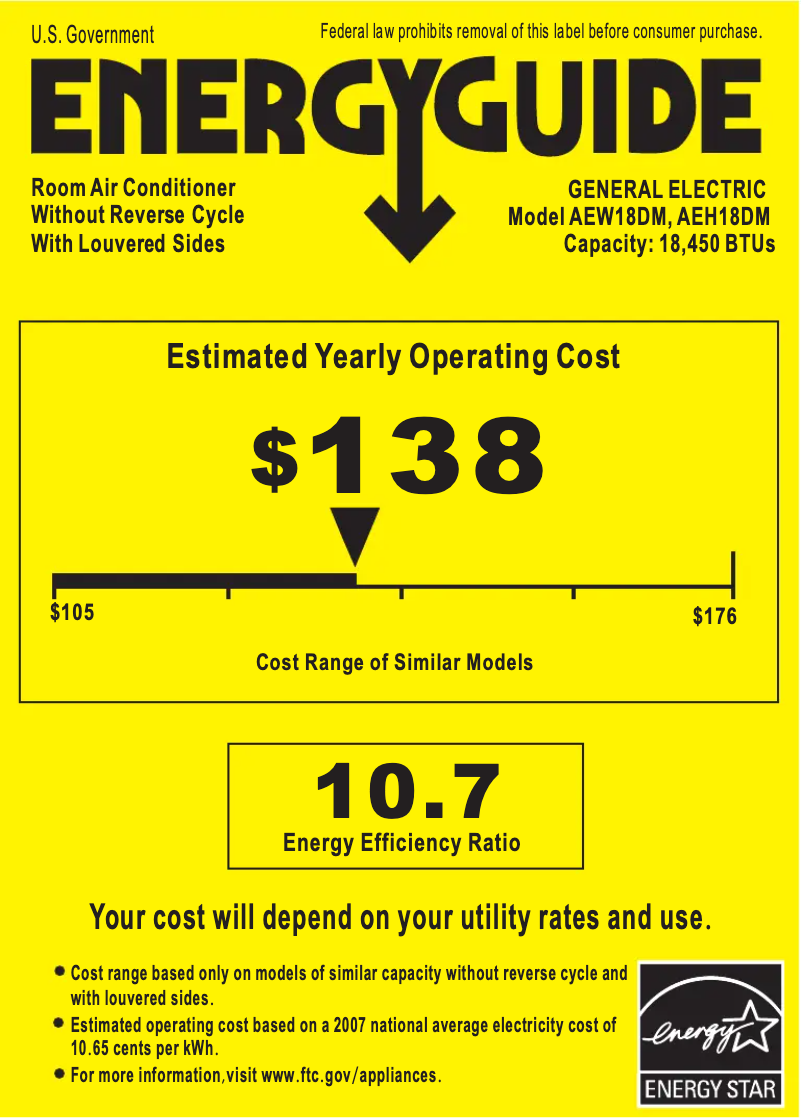 Page 1 de la notice Label énergétique GE AEW18DM