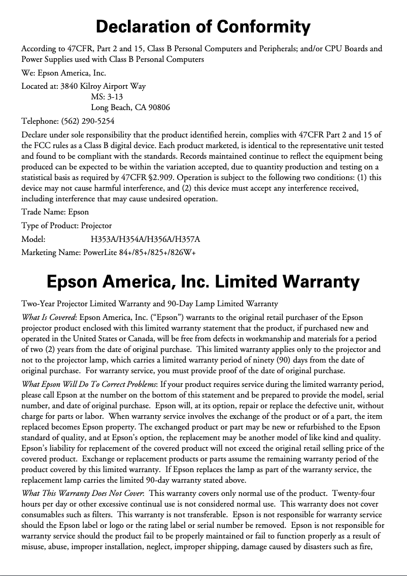 Page n°1 - Informations de garantie Epson Powerlite 825+