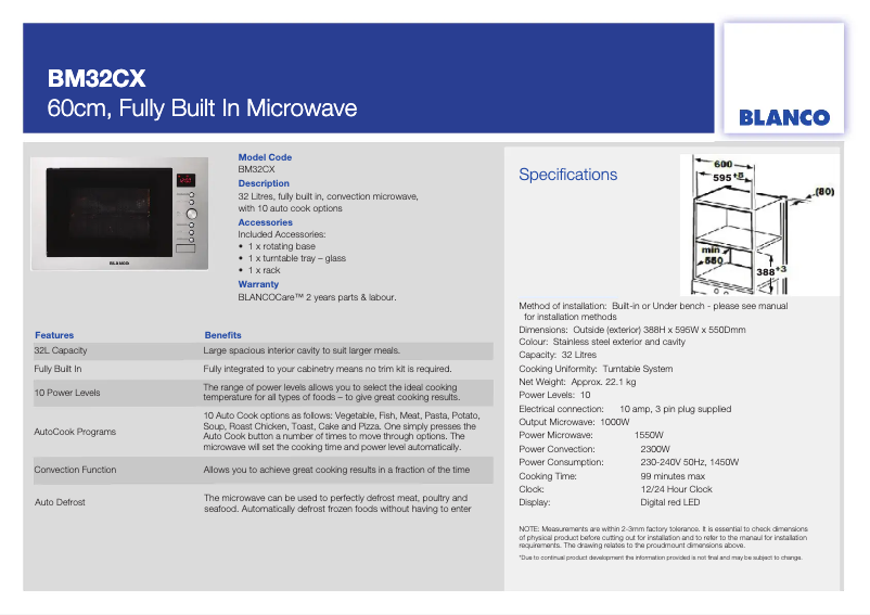 Page 1 de la notice Fiche technique BLANCO BM32CX