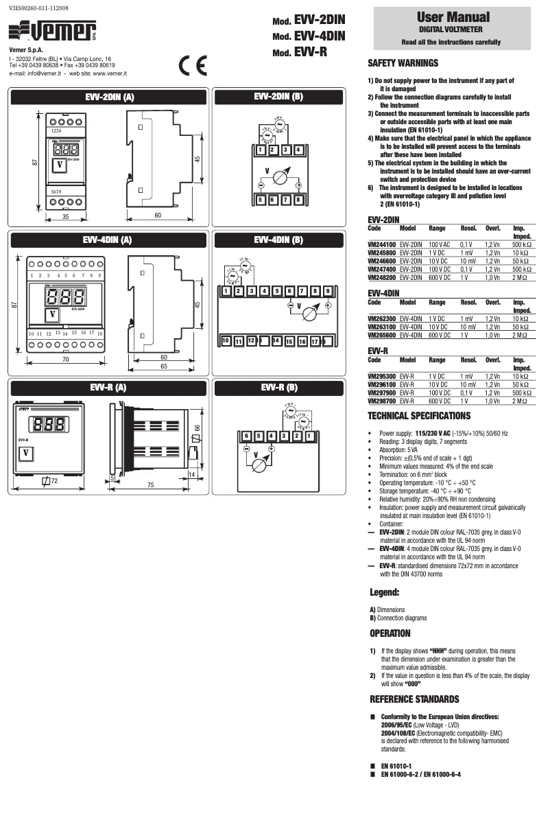 Page n°1 - Manuel utilisateur Vemer EVV-4DIN