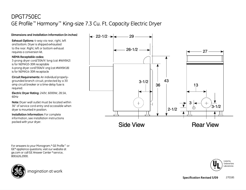 Page 1 de la notice Fiche technique GE Profile Harmony DPGT750ECWW