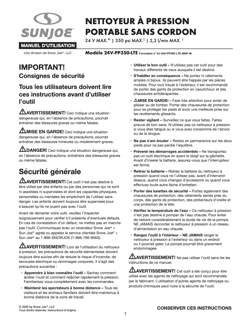 Page n°1 - Manuel utilisateur Sun Joe 24V-PP350-LTE