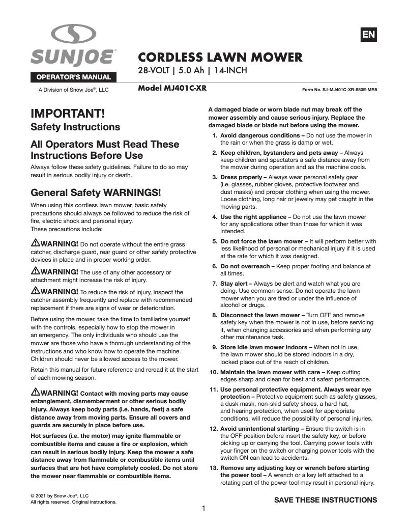 Page n°1 - Manuel utilisateur Sun Joe MJ401C-XR