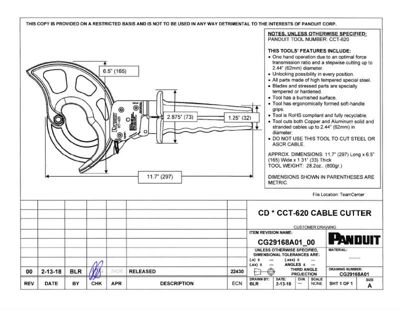 Page 1 de la notice Dessin technique Panduit CCT-620